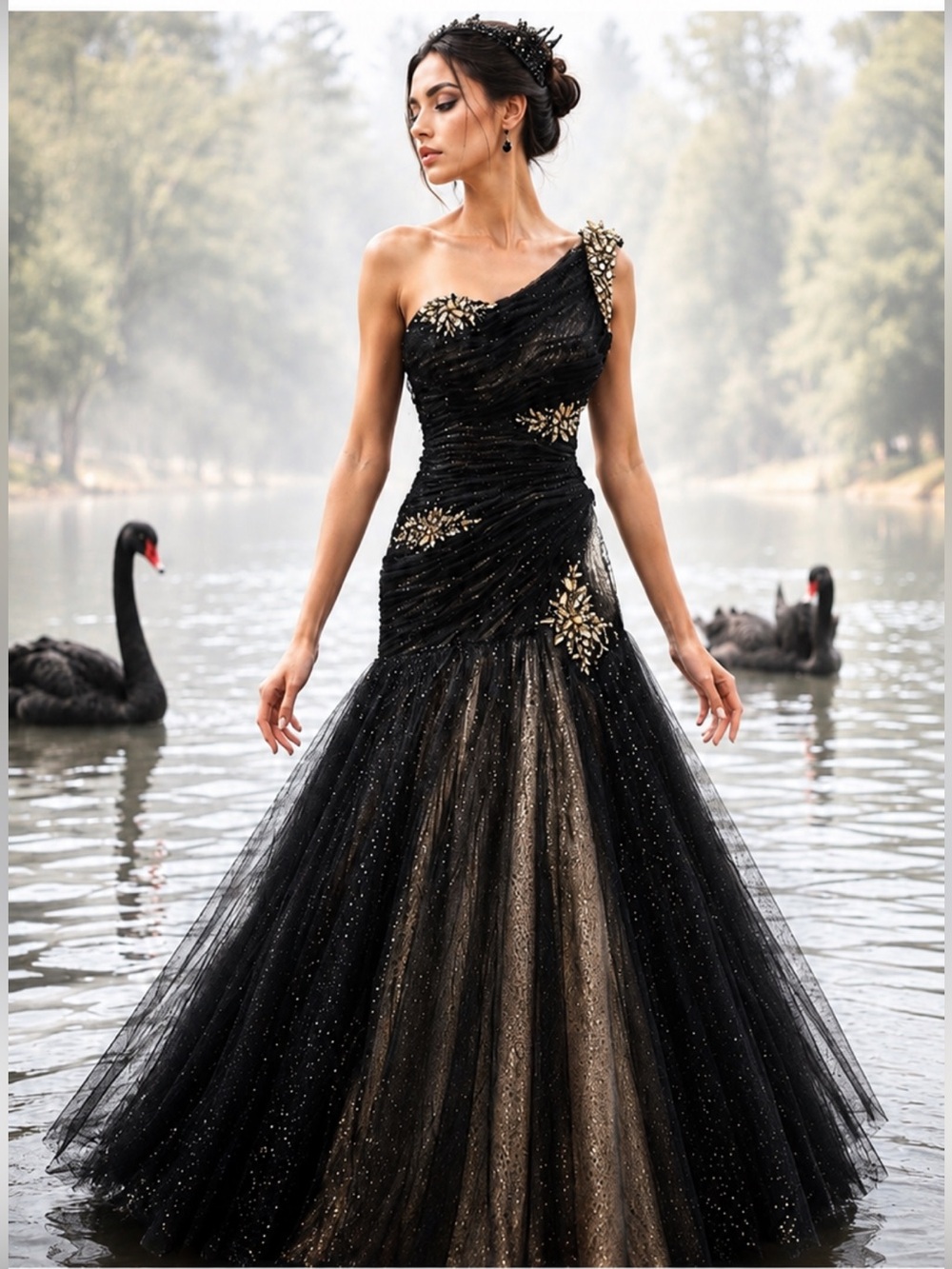 GIGI Designs by Le Femme Black Gold One Shoulder Formal